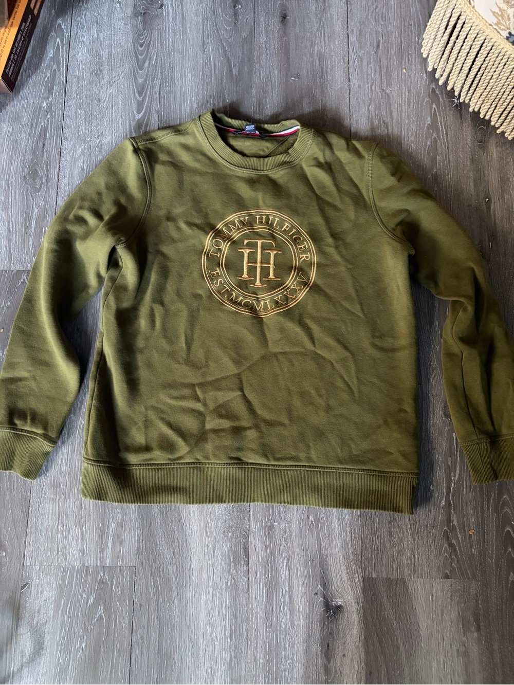 Tommy Hilfiger Olive Green Crewneck Sweatshirt with Embroidered Logo
